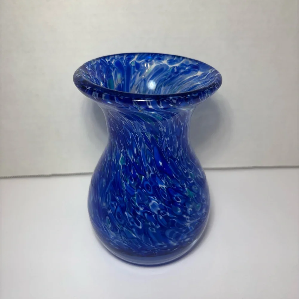 Cobalt Blue Vase White Swirl Art Glass Heavy Glass 5.5” Smooth Bottom Home Decor